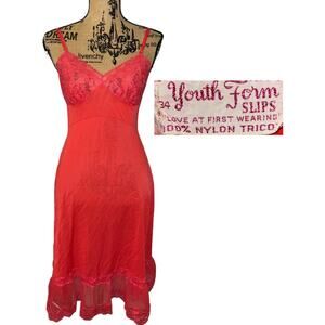 60s Youth Form Slip Dress Red Nylon Lace Size 34 Vintage Romantic Trendy Chic
